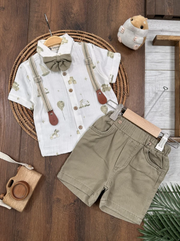Askı Kemerli Papyonlu Müslin Gömlek Keten Şort Yazlık Erkek Bebek Takım - HAKİ YEŞİL