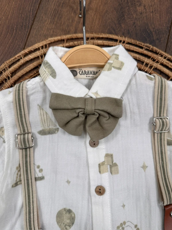 Askı Kemerli Papyonlu Müslin Gömlek Keten Şort Yazlık Erkek Bebek Takım - BEJ
