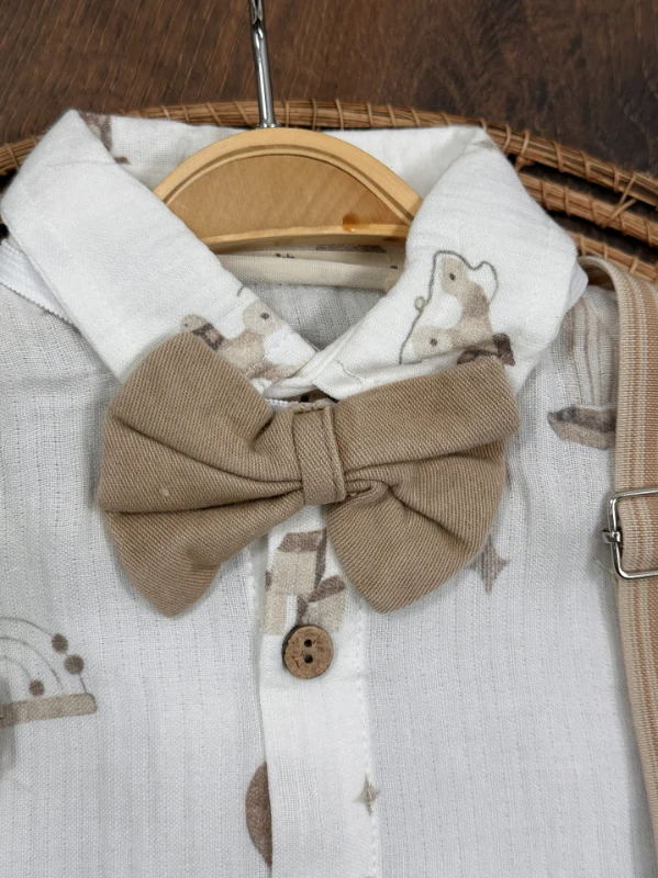 Askı Kemerli Papyonlu Müslin Gömlek Keten Şort Yazlık Erkek Bebek Takım - BEJ