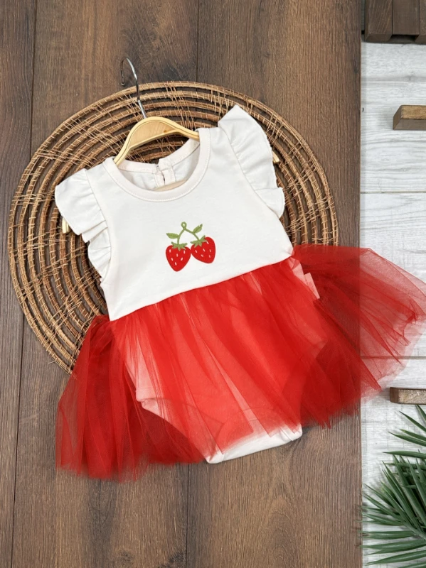 Çilek Nakışlı Tütü Etekli Omuzdan Fırfırlı Alttan Çıtçıtlı Yazlık Kız Bebek Elbise - KIRMIZI