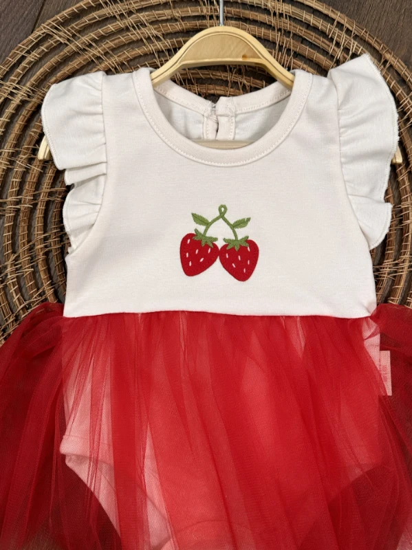 Çilek Nakışlı Tütü Etekli Omuzdan Fırfırlı Alttan Çıtçıtlı Yazlık Kız Bebek Elbise - KIRMIZI