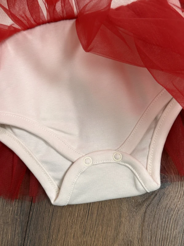 Çilek Nakışlı Tütü Etekli Omuzdan Fırfırlı Alttan Çıtçıtlı Yazlık Kız Bebek Elbise - KIRMIZI