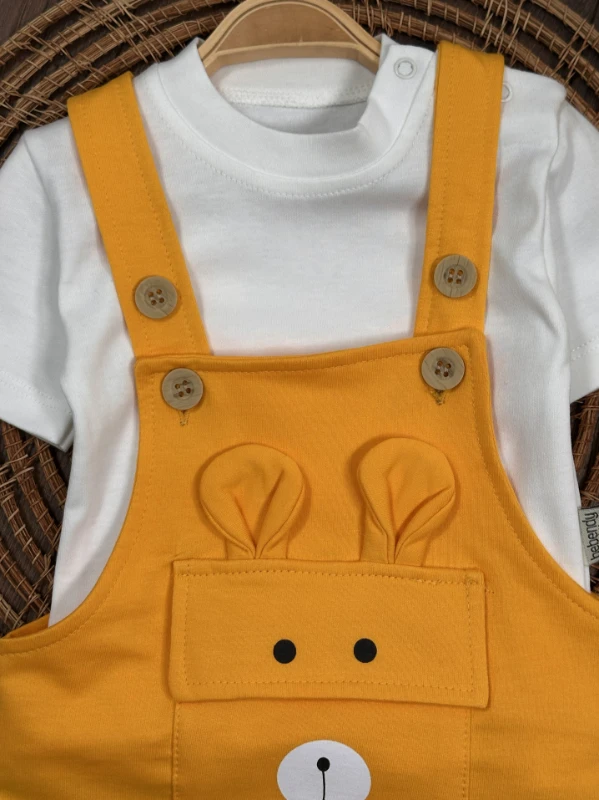 Patikli Safari Şapkalı Kulaklı Ayıcık Baskılı Badili Yazlık 4lü Salopet Erkek Bebek Takım - LACİVERT