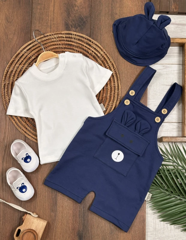 Patikli Safari Şapkalı Kulaklı Ayıcık Baskılı Badili Yazlık 4lü Salopet Erkek Bebek Takım - LACİVERT