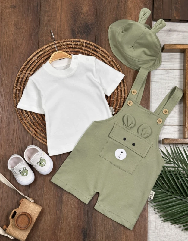 Patikli Safari Şapkalı Kulaklı Ayıcık Baskılı Badili Yazlık 4lü Salopet Erkek Bebek Takım - LACİVERT