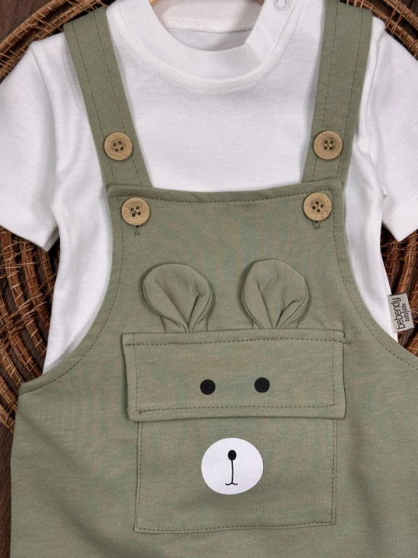 Patikli Safari Şapkalı Kulaklı Ayıcık Baskılı Badili Yazlık 4lü Salopet Erkek Bebek Takım - LACİVERT