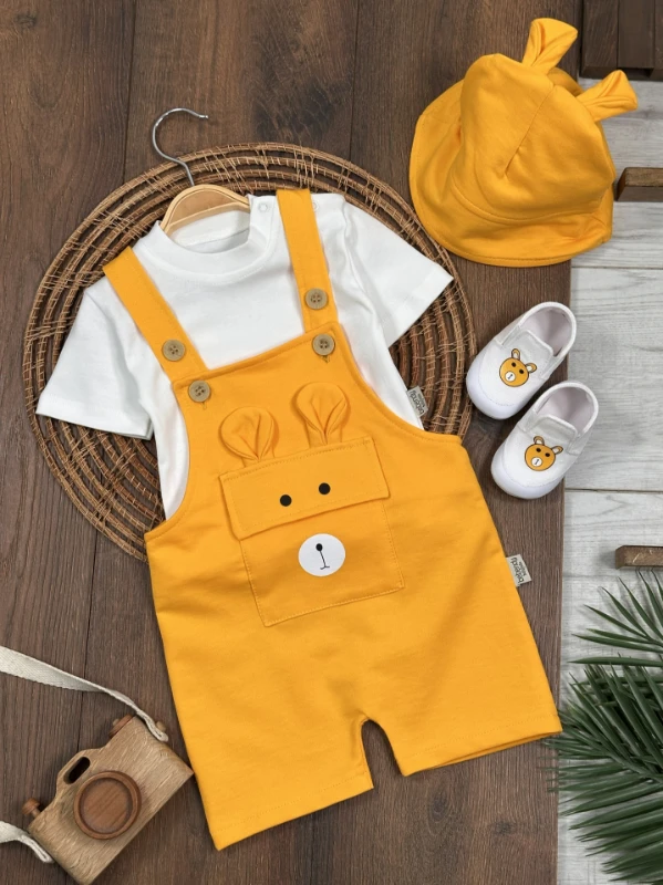 Patikli Safari Şapkalı Kulaklı Ayıcık Baskılı Badili Yazlık 4lü Salopet Erkek Bebek Takım - LACİVERT