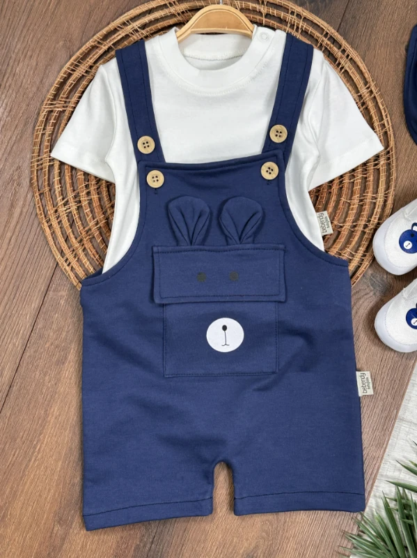 Patikli Safari Şapkalı Kulaklı Ayıcık Baskılı Badili Yazlık 4lü Salopet Erkek Bebek Takım - LACİVERT