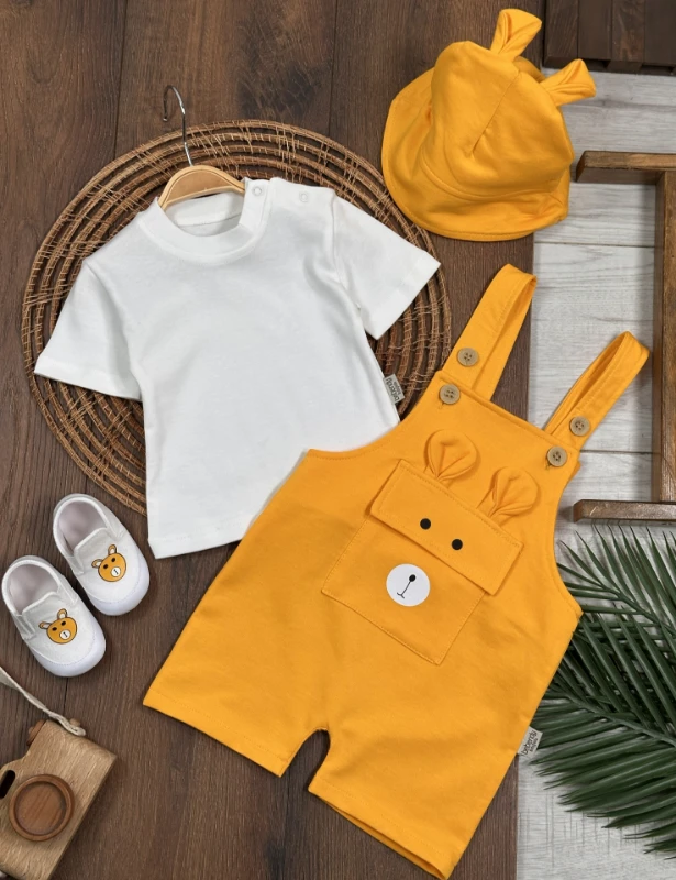 Patikli Safari Şapkalı Kulaklı Ayıcık Baskılı Badili Yazlık 4lü Salopet Erkek Bebek Takım - LACİVERT