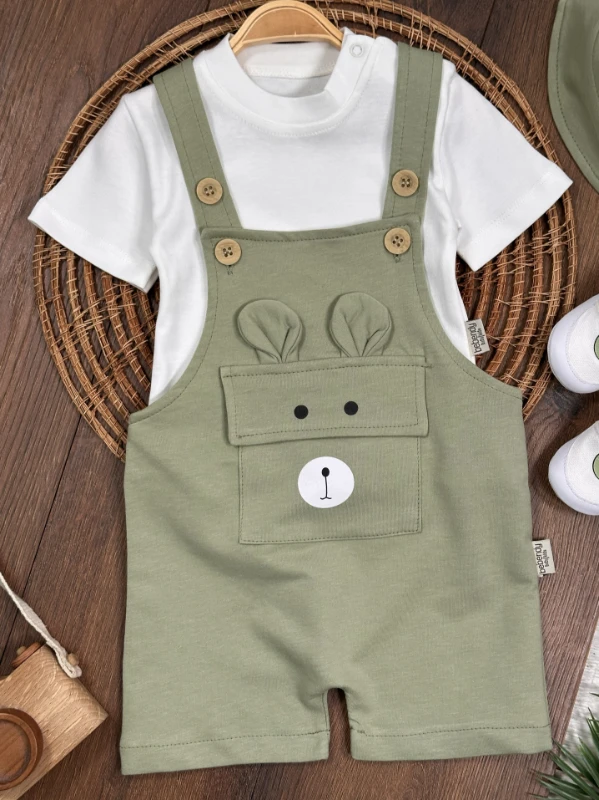 Patikli Safari Şapkalı Kulaklı Ayıcık Baskılı Badili Yazlık 4lü Salopet Erkek Bebek Takım - LACİVERT