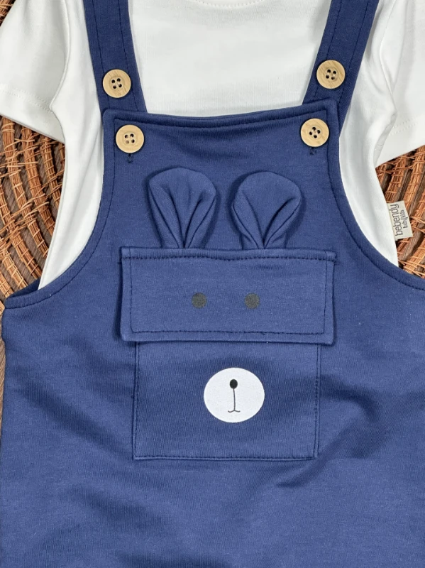 Patikli Safari Şapkalı Kulaklı Ayıcık Baskılı Badili Yazlık 4lü Salopet Erkek Bebek Takım - LACİVERT