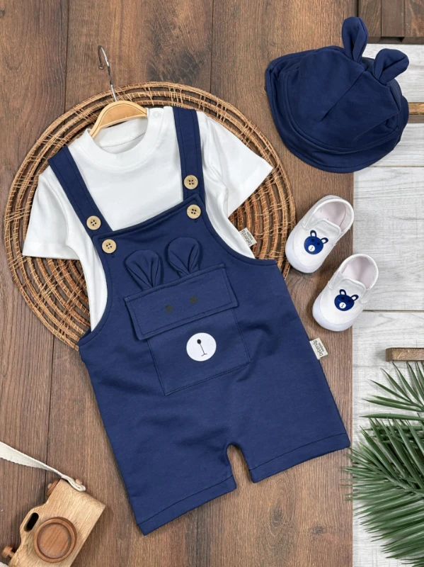 Patikli Safari Şapkalı Kulaklı Ayıcık Baskılı Badili Yazlık 4lü Salopet Erkek Bebek Takım - LACİVERT