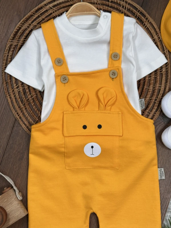 Patikli Safari Şapkalı Kulaklı Ayıcık Baskılı Badili Yazlık 4lü Salopet Erkek Bebek Takım - LACİVERT