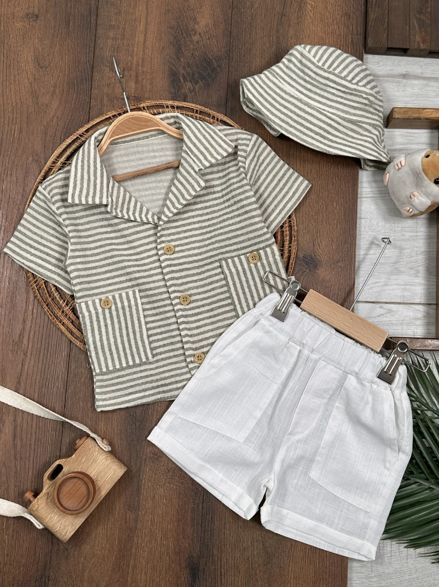 Müslin Çizgili Safari Şapkalı Düğmeli Cep Detaylı Şortlu Yazlık Erkek Bebek Takım - YEŞİL