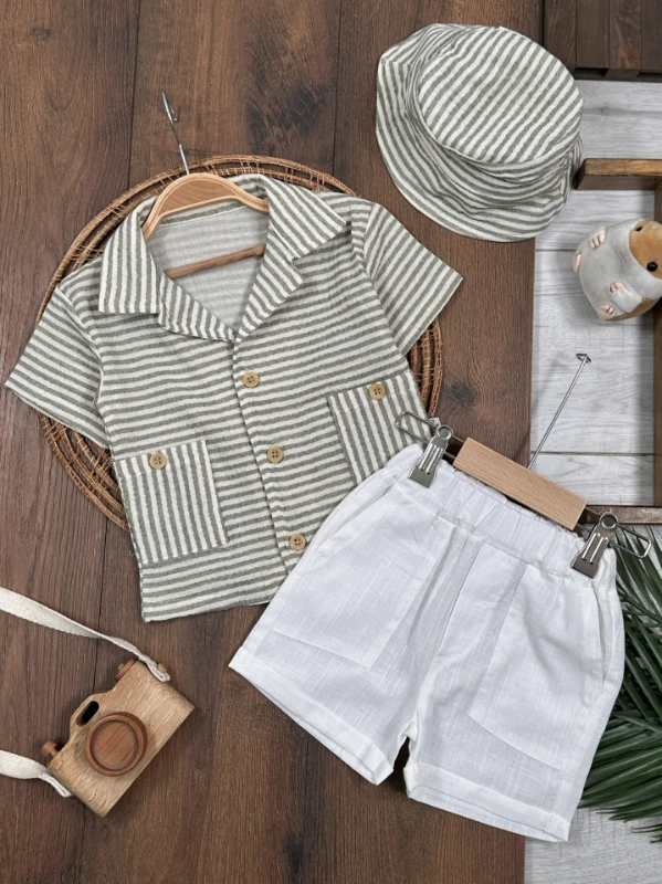 Müslin Çizgili Safari Şapkalı Düğmeli Cep Detaylı Şortlu Yazlık Erkek Bebek Takım - SÜTLÜ KAHVE