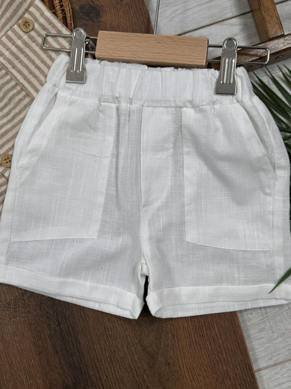 Müslin Çizgili Safari Şapkalı Düğmeli Cep Detaylı Şortlu Yazlık Erkek Bebek Takım - SÜTLÜ KAHVE