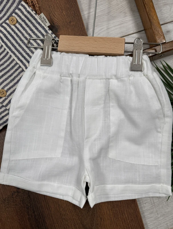 Müslin Çizgili Safari Şapkalı Düğmeli Cep Detaylı Şortlu Yazlık Erkek Bebek Takım - SÜTLÜ KAHVE