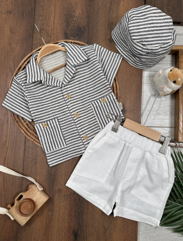 Müslin Çizgili Safari Şapkalı Düğmeli Cep Detaylı Şortlu Yazlık Erkek Bebek Takım - LACİVERT