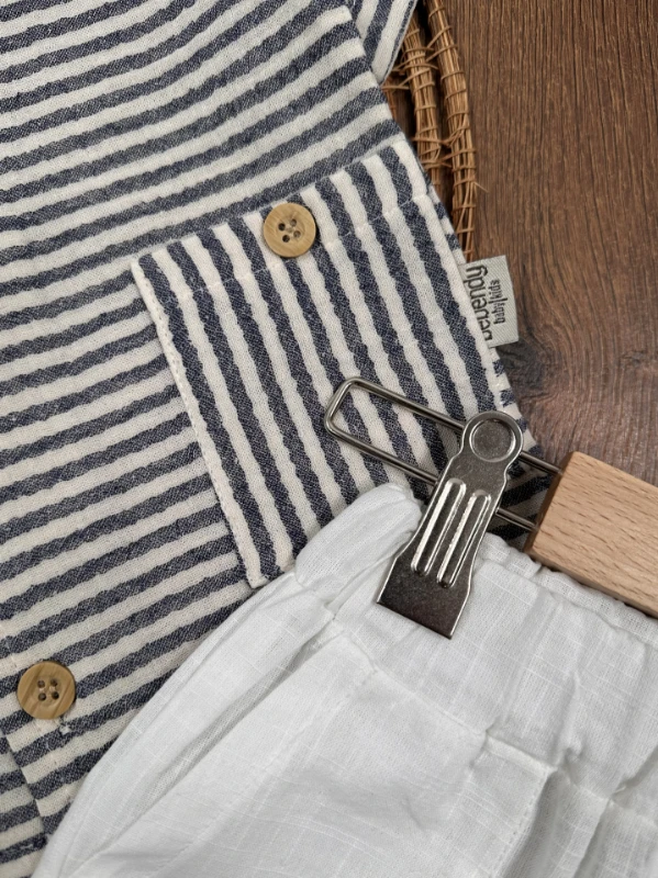 Müslin Çizgili Safari Şapkalı Düğmeli Cep Detaylı Şortlu Yazlık Erkek Bebek Takım - SÜTLÜ KAHVE