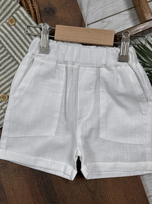 Müslin Çizgili Safari Şapkalı Düğmeli Cep Detaylı Şortlu Yazlık Erkek Bebek Takım - SÜTLÜ KAHVE