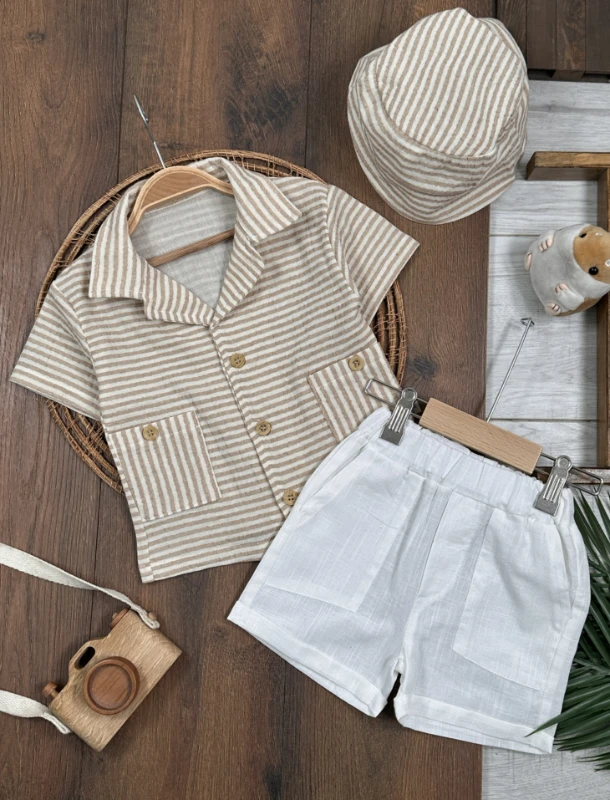 Müslin Çizgili Safari Şapkalı Düğmeli Cep Detaylı Şortlu Yazlık Erkek Bebek Takım - SÜTLÜ KAHVE