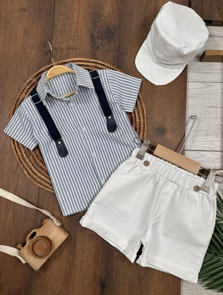 Çizgili Gömlek Askı Kemerli Şapkalı Keten Şortlu Yazlık Erkek Bebek Takım - LACİVERT