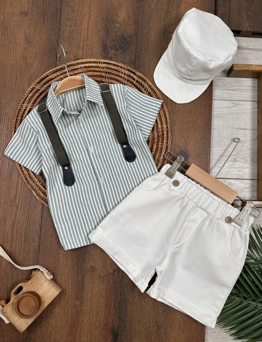 Çizgili Gömlek Askı Kemerli Şapkalı Keten Şortlu Yazlık Erkek Bebek Takım - YEŞİL