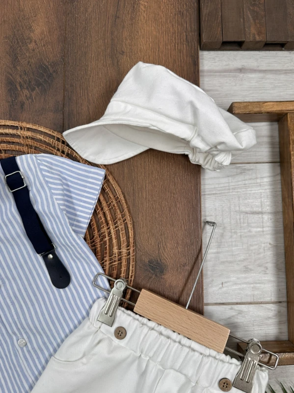 Çizgili Gömlek Askı Kemerli Şapkalı Keten Şortlu Yazlık Erkek Bebek Takım - YEŞİL