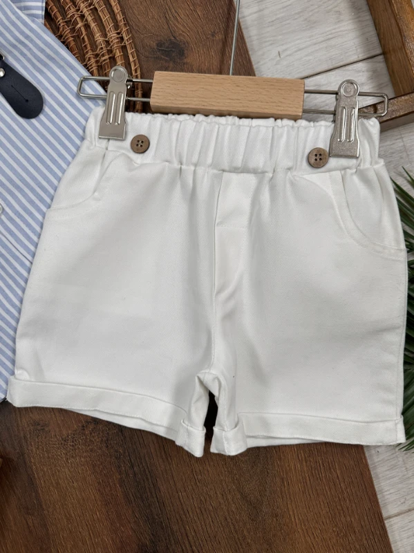 Çizgili Gömlek Askı Kemerli Şapkalı Keten Şortlu Yazlık Erkek Bebek Takım - YEŞİL