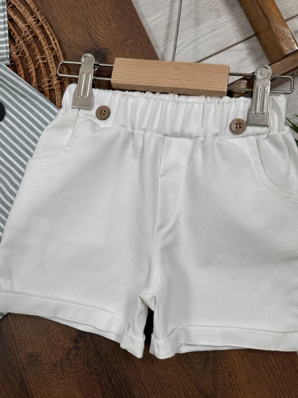 Çizgili Gömlek Askı Kemerli Şapkalı Keten Şortlu Yazlık Erkek Bebek Takım - YEŞİL