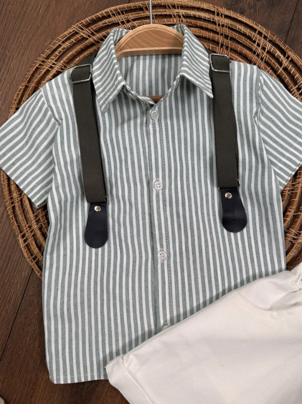 Çizgili Gömlek Askı Kemerli Şapkalı Keten Şortlu Yazlık Erkek Bebek Takım - YEŞİL