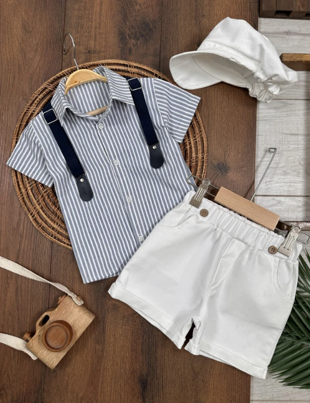 Çizgili Gömlek Askı Kemerli Şapkalı Keten Şortlu Yazlık Erkek Bebek Takım - YEŞİL