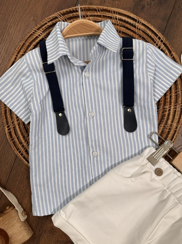 Çizgili Gömlek Askı Kemerli Şapkalı Keten Şortlu Yazlık Erkek Bebek Takım - YEŞİL