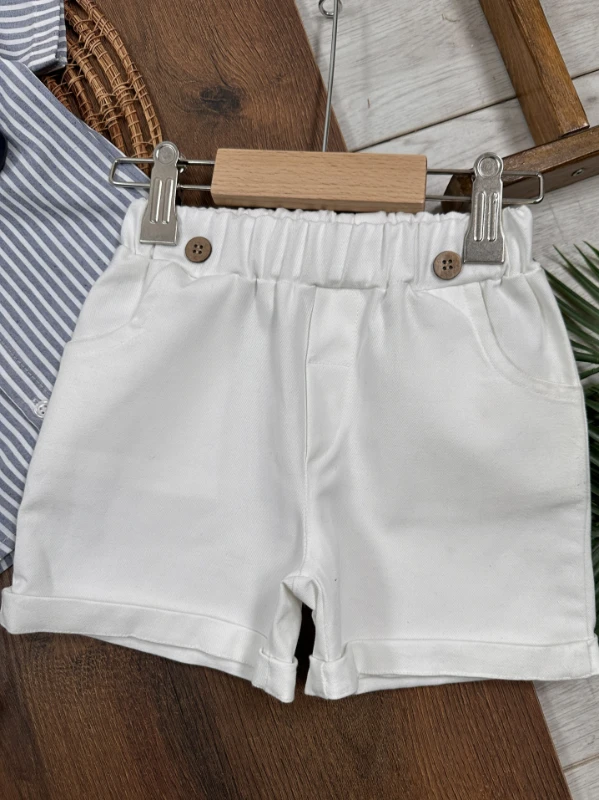 Çizgili Gömlek Askı Kemerli Şapkalı Keten Şortlu Yazlık Erkek Bebek Takım - YEŞİL