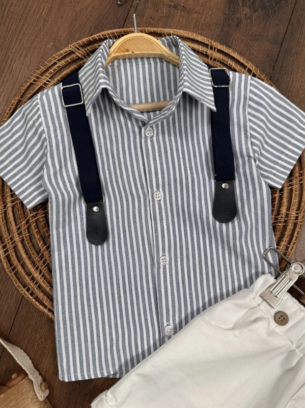 Çizgili Gömlek Askı Kemerli Şapkalı Keten Şortlu Yazlık Erkek Bebek Takım - YEŞİL