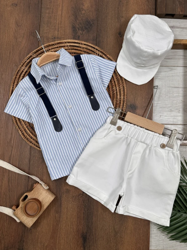 Çizgili Gömlek Askı Kemerli Şapkalı Keten Şortlu Yazlık Erkek Bebek Takım - YEŞİL