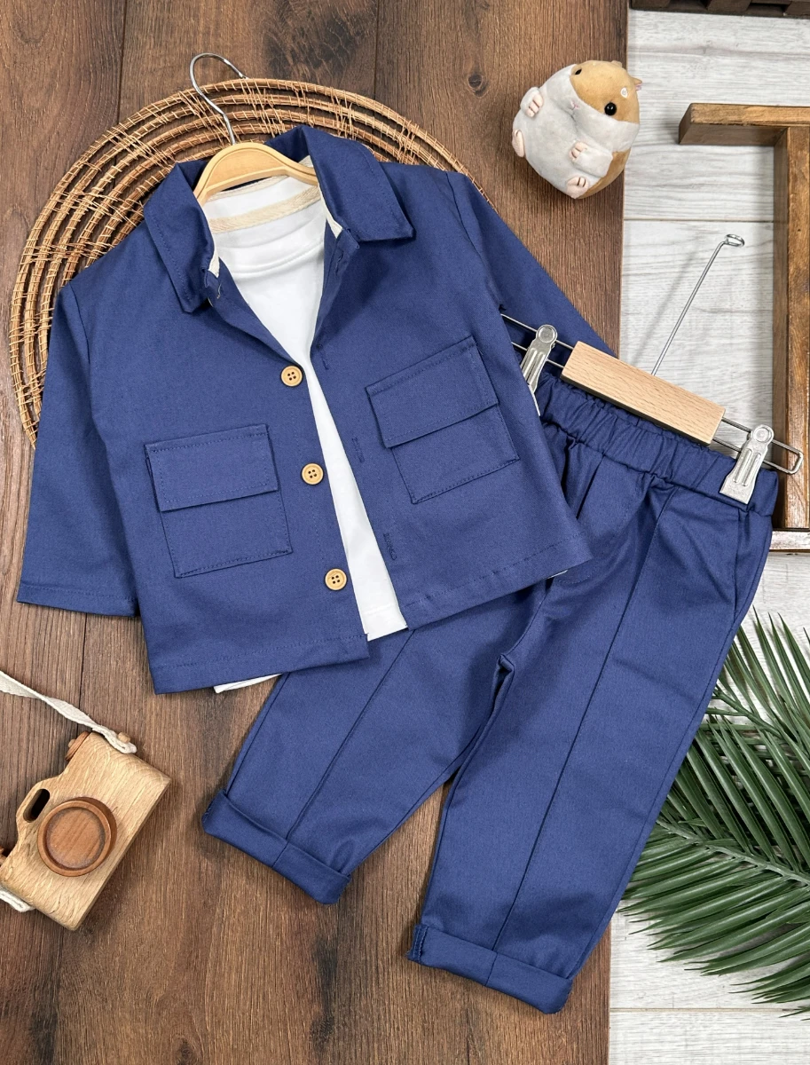 Gabardin Safari Ceket Badili Likralı Mevsimlik 3lü Erkek Bebek ve Çocuk Takım  - İNDİGO