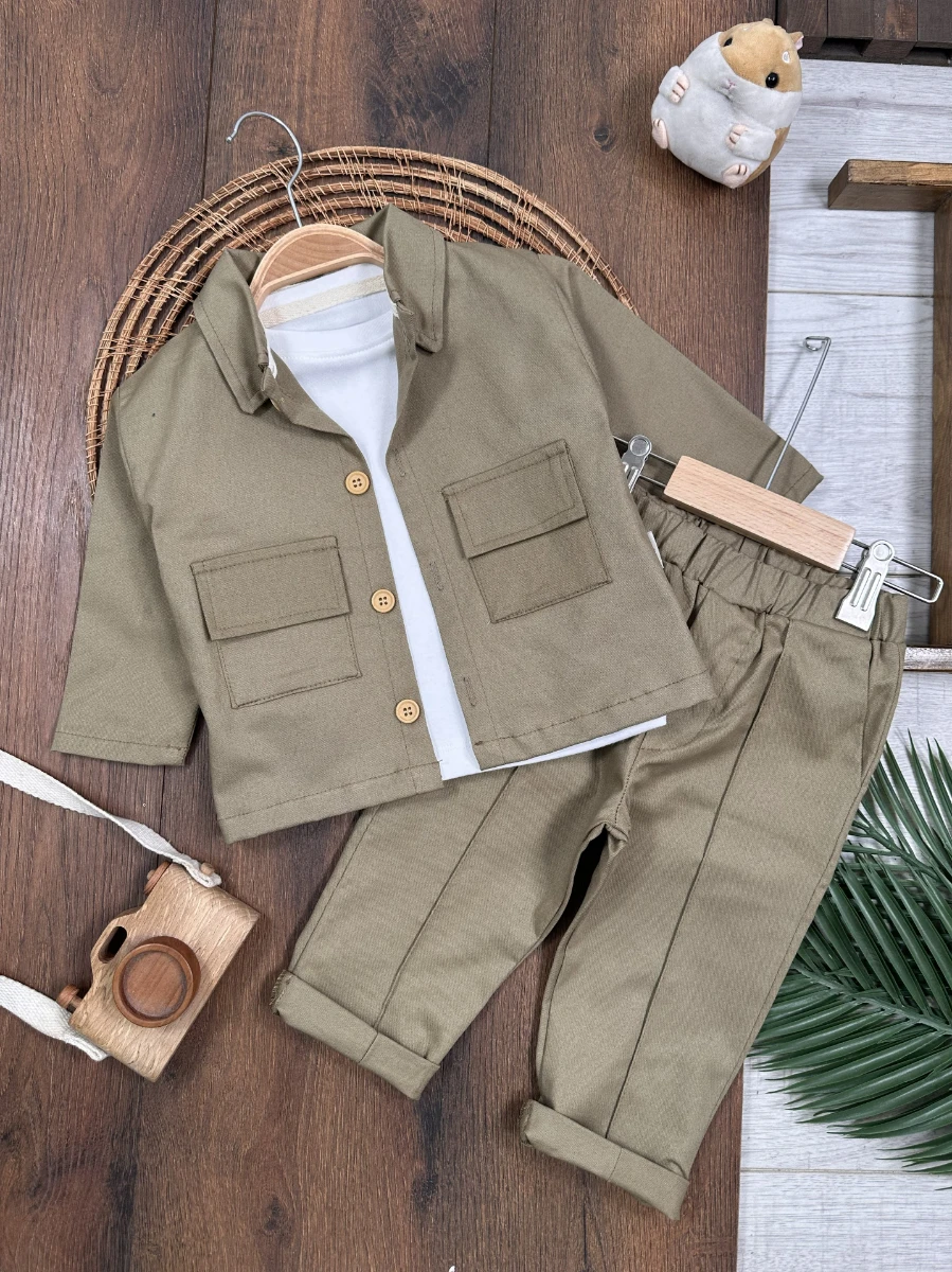 Gabardin Safari Ceket Badili Likralı Mevsimlik 3lü Erkek Bebek ve Çocuk Takım  - SÜTLÜ KAHVE
