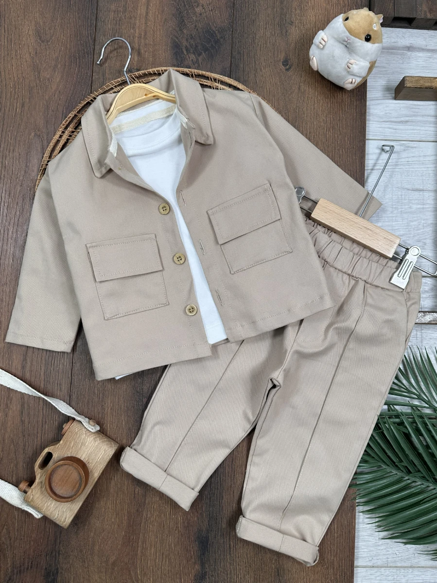 Gabardin Safari Ceket Badili Likralı Mevsimlik 3lü Erkek Bebek ve Çocuk Takım  - BEJ
