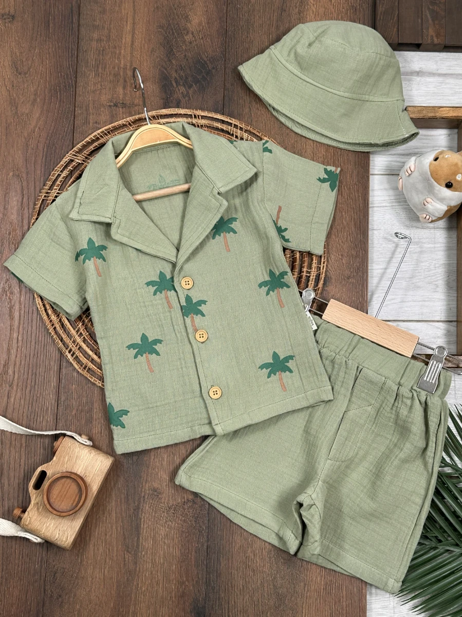 Müslin Palmiye Baskılı Safari Şapkalı Düğmeli Şortlu Yazlık Erkek Bebek/Çocuk Takım - YEŞİL