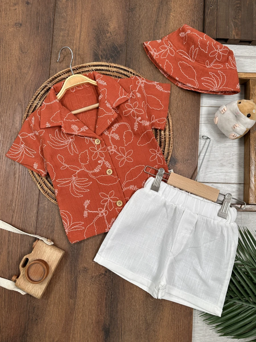 Müslin Hawaii Çiçek Baskılı Safari Şapkalı Düğmeli Şortlu Yazlık Erkek Bebek/Çocuk Takım - KİREMİT