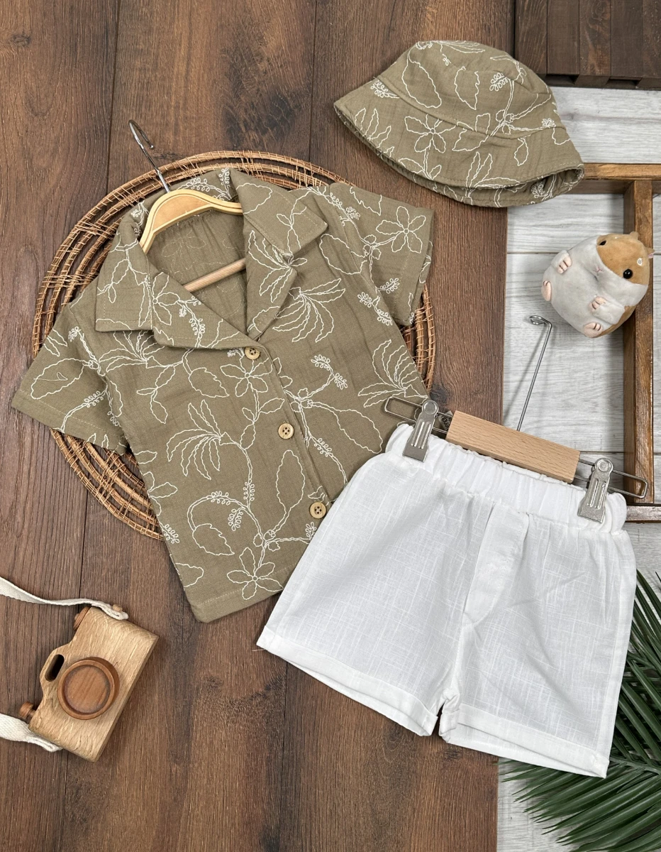 Müslin Hawaii Çiçek Baskılı Safari Şapkalı Düğmeli Şortlu Yazlık Erkek Bebek/Çocuk Takım - YEŞİL