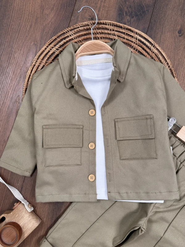 Gabardin Safari Ceket Badili Likralı Mevsimlik 3lü Erkek Bebek ve Çocuk Takım  - BEJ