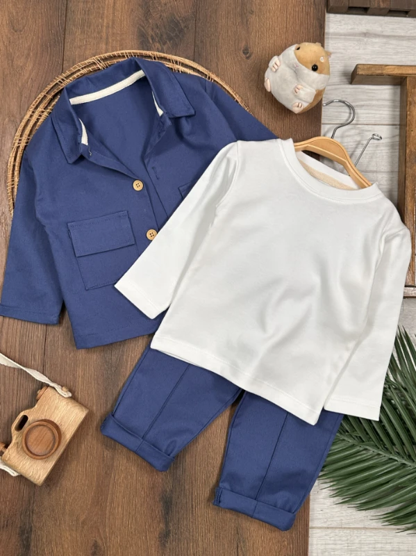 Gabardin Safari Ceket Badili Likralı Mevsimlik 3lü Erkek Bebek ve Çocuk Takım  - BEJ