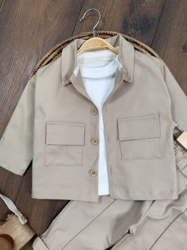 Gabardin Safari Ceket Badili Likralı Mevsimlik 3lü Erkek Bebek ve Çocuk Takım  - BEJ