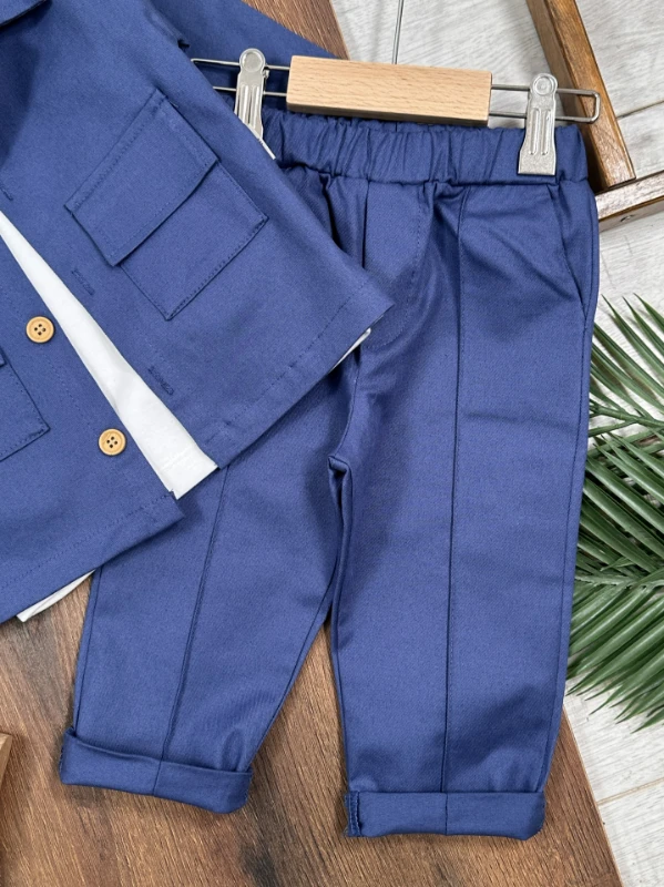 Gabardin Safari Ceket Badili Likralı Mevsimlik 3lü Erkek Bebek ve Çocuk Takım  - BEJ