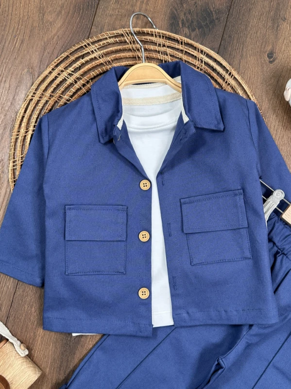 Gabardin Safari Ceket Badili Likralı Mevsimlik 3lü Erkek Bebek ve Çocuk Takım  - BEJ