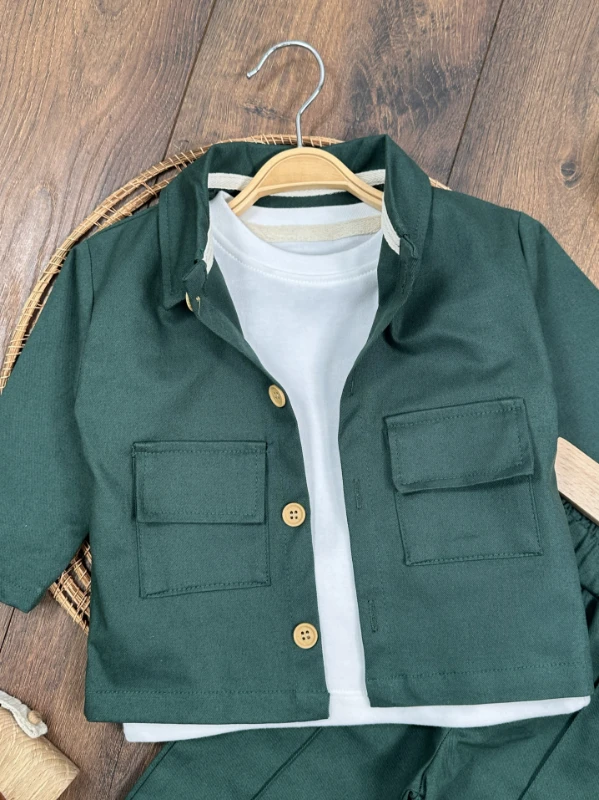 Gabardin Safari Ceket Badili Likralı Mevsimlik 3lü Erkek Bebek ve Çocuk Takım  - BEJ