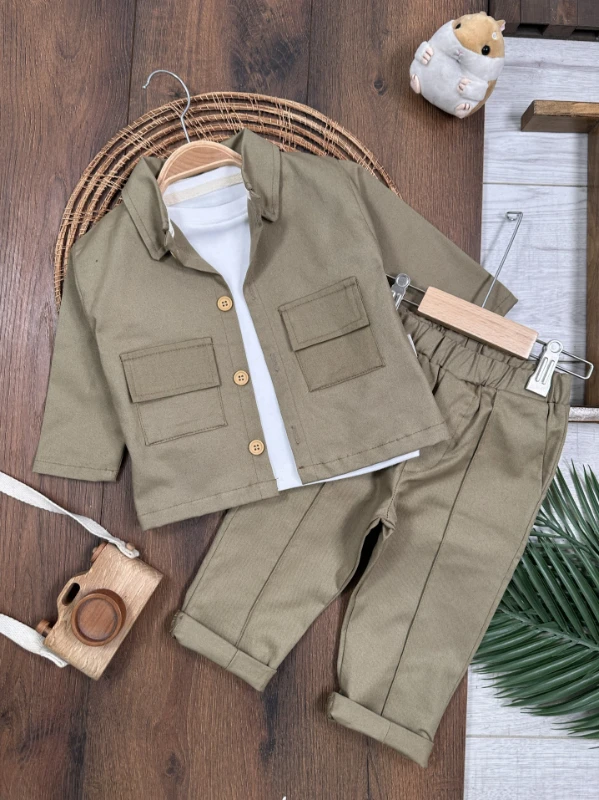 Gabardin Safari Ceket Badili Likralı Mevsimlik 3lü Erkek Bebek ve Çocuk Takım  - SÜTLÜ KAHVE