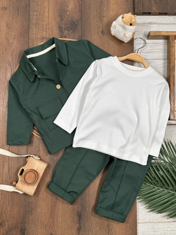 Gabardin Safari Ceket Badili Likralı Mevsimlik 3lü Erkek Bebek ve Çocuk Takım  - BEJ